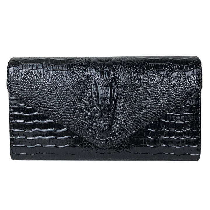 Black crocodile leather clutch purse with textured flap and embossed design