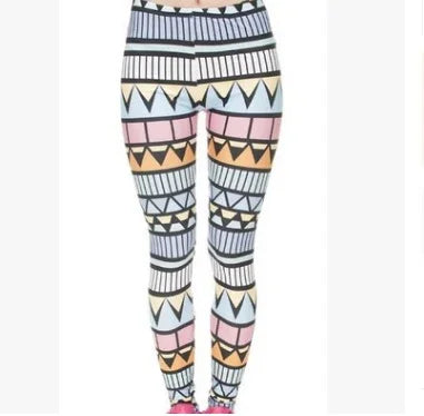 Colorful geometric patterned leggings with triangles and stripes in pastel pink, blue, orange, and black