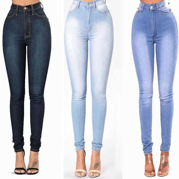 Three pairs of high-waisted skinny jeans in dark blue, light blue, and medium blue denim on female models