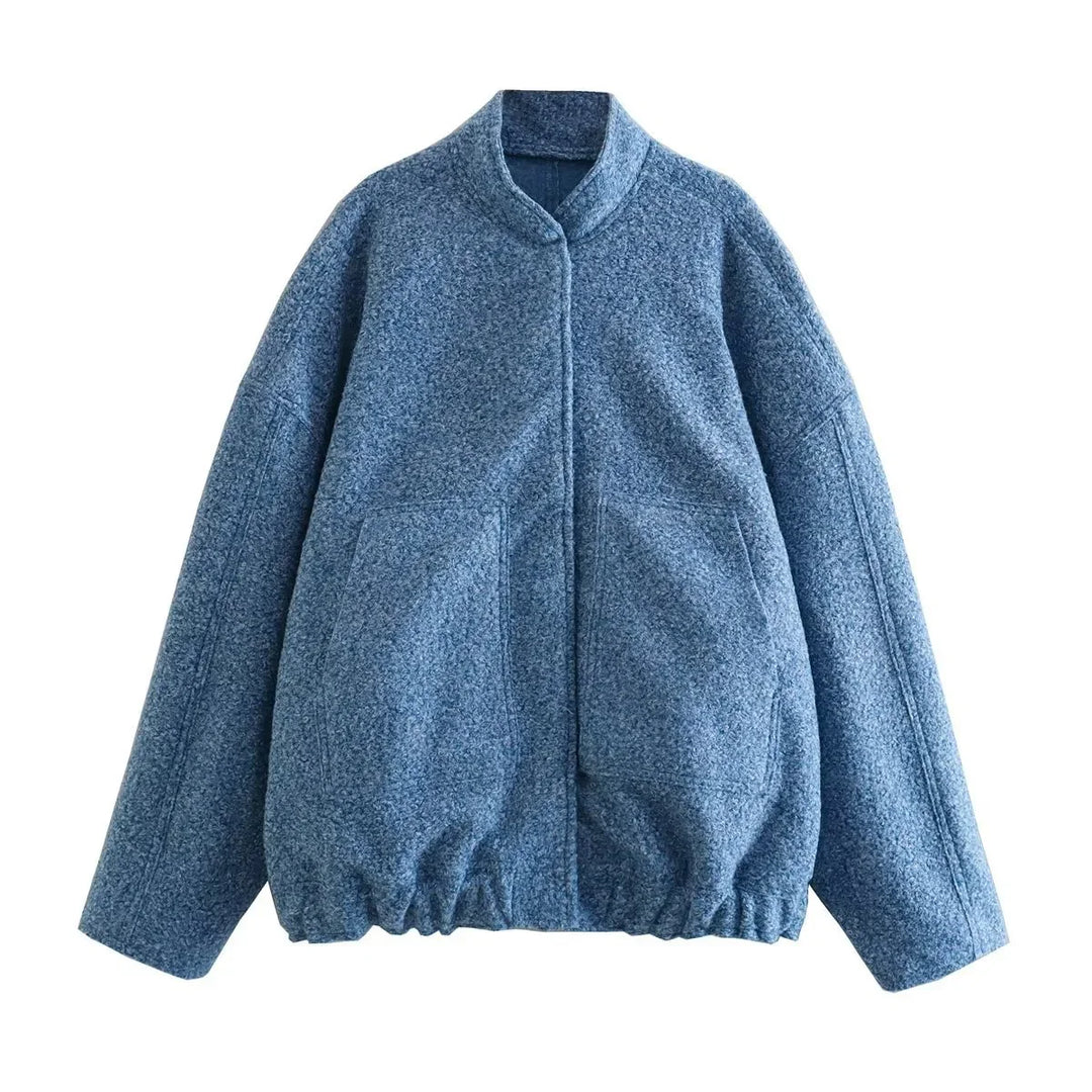 Blue textured wool blend zip-up jacket with high collar and elastic hem