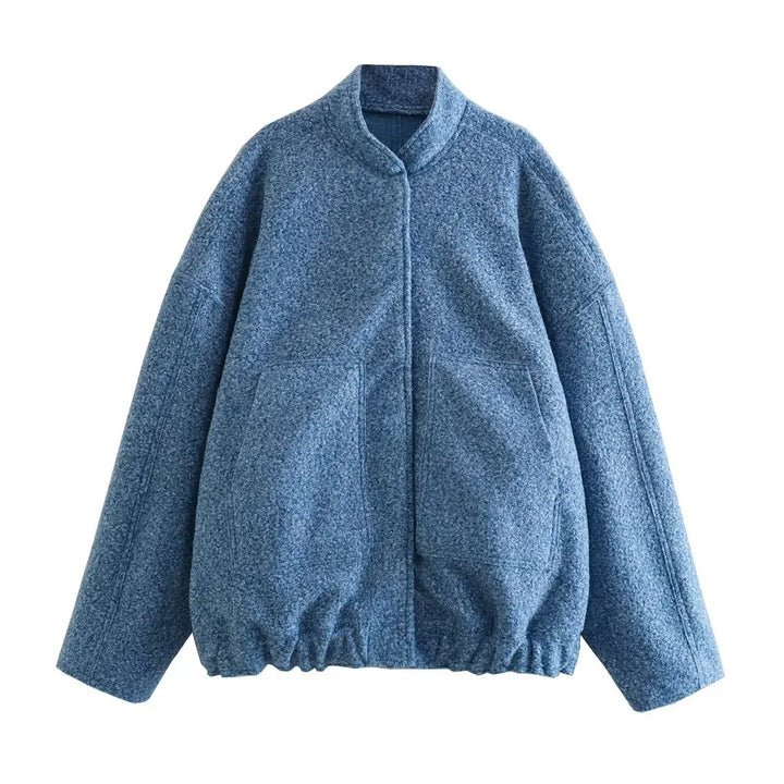 Blue textured wool blend zip-up jacket with high collar and elastic hem