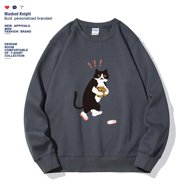 Dark gray sweatshirt with a cartoon cat holding a cookie, surprised expression and slippers on floor