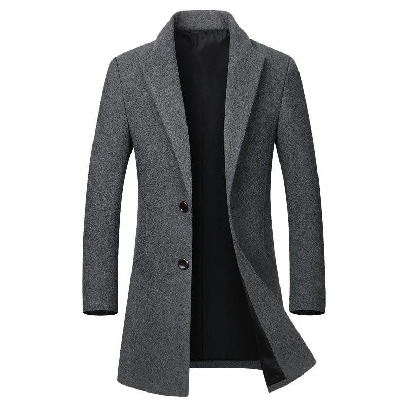 Elegant men's grey wool blend overcoat with notch lapels and two-button closure