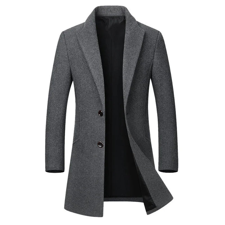 Elegant men's grey wool blend overcoat with notch lapels and two-button closure