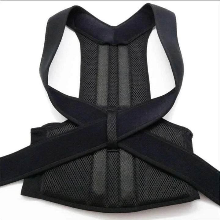 Black posture corrector brace with adjustable straps and breathable mesh back support