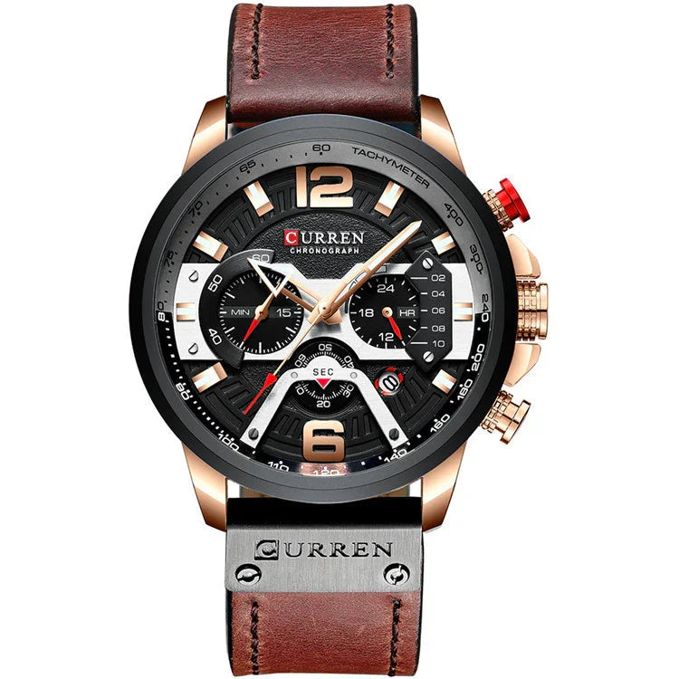 Curren men's chronograph wristwatch with black dial, gold accents, brown leather strap, and tachymeter bezel
