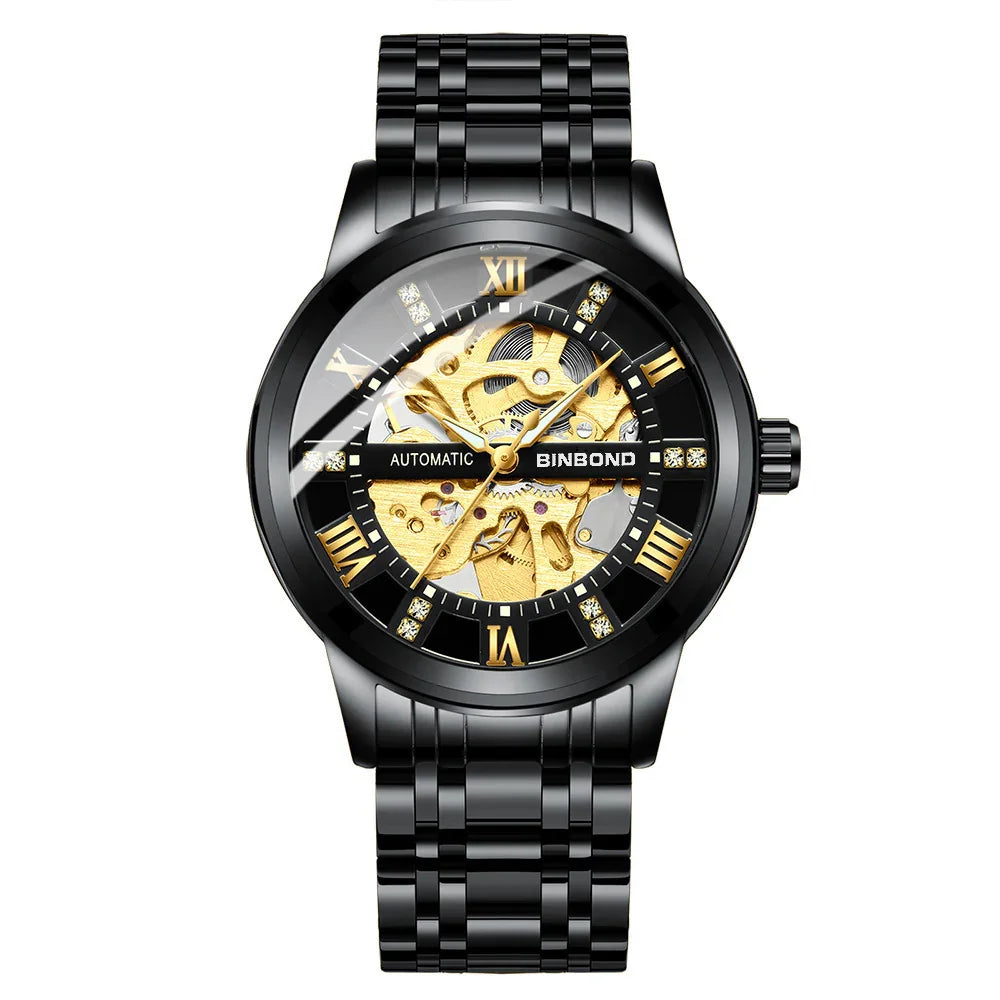 Black automatic BINBOND wristwatch with skeleton gold gears and Roman numerals