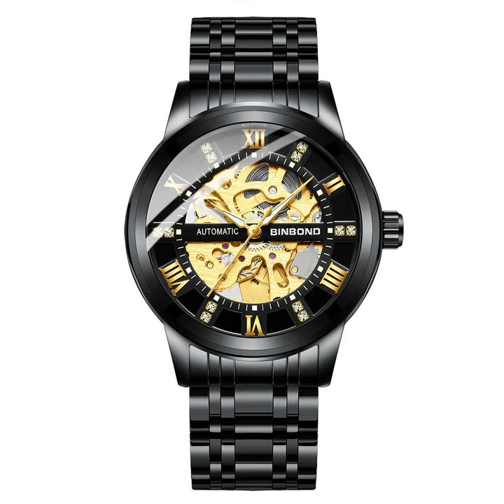 Black automatic BINBOND wristwatch with skeleton gold gears and Roman numerals