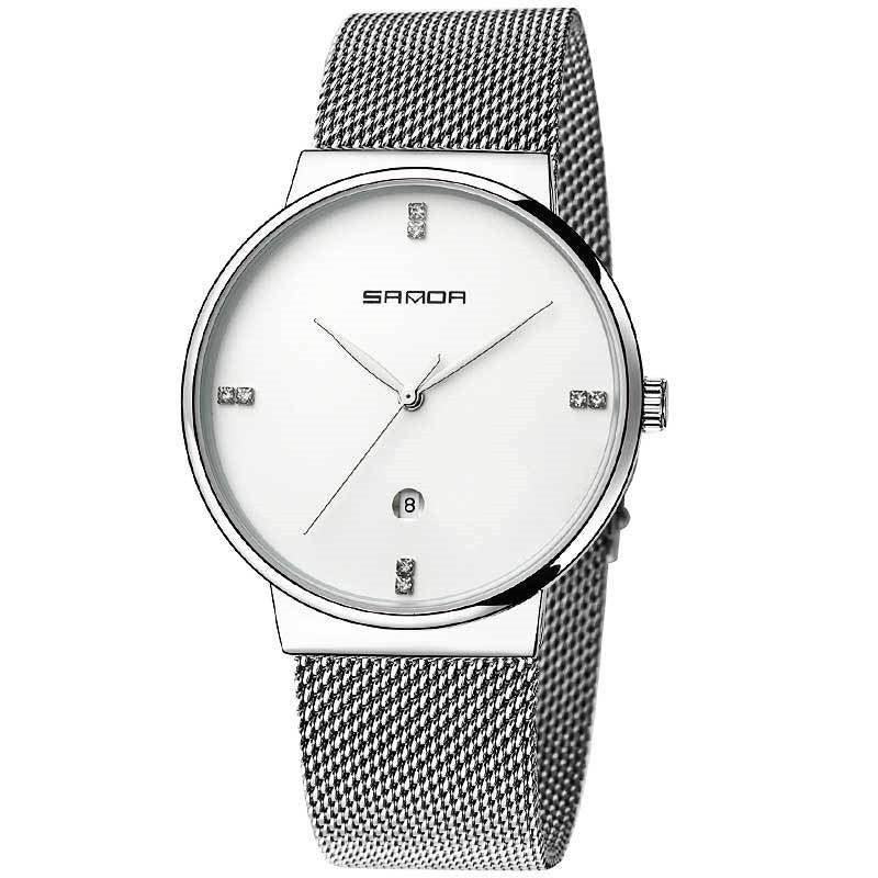 SANDA men's silver mesh band wristwatch with minimalist white dial and date display