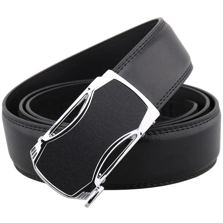 Black leather men's belt with polished silver and black modern buckle