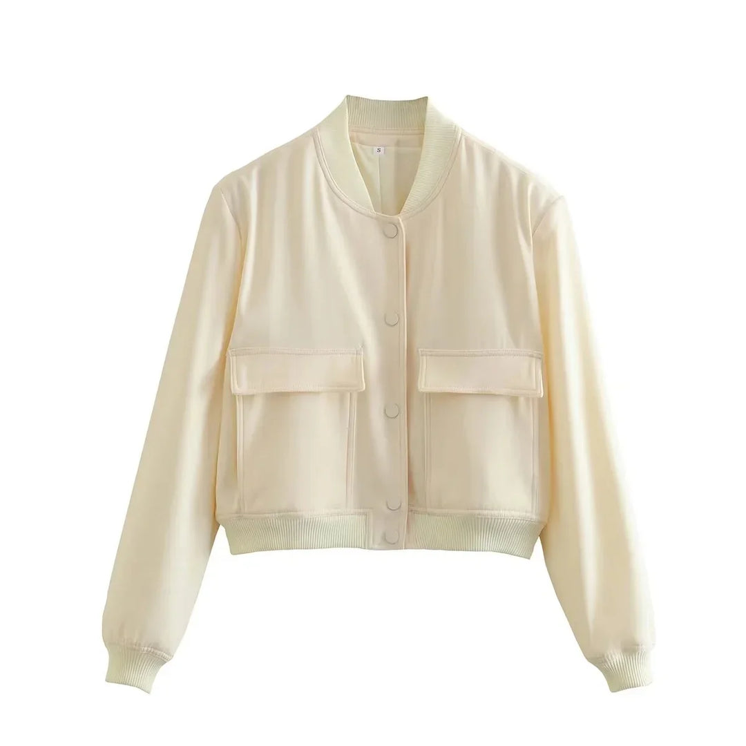 Beige cropped bomber jacket with snap buttons and two flap pockets on front