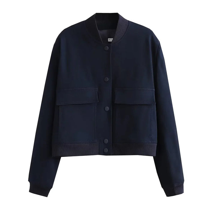 Navy blue cropped jacket with snap buttons and large front flap pockets on white background