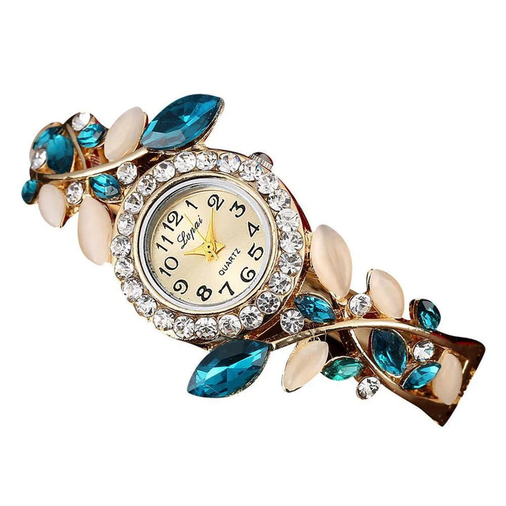 Decorative gold-tone Lvpai quartz watch with crystal bezel and blue and white leaf-shaped gems
