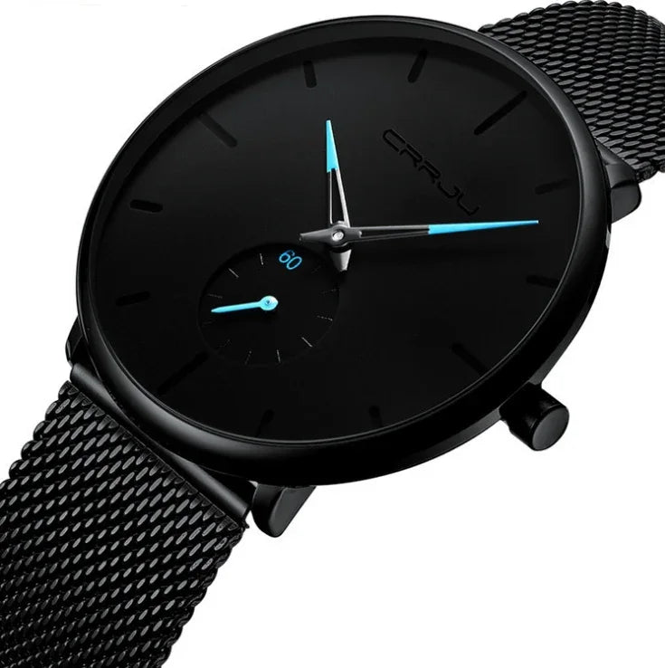 Black CRRJU wristwatch with minimalist dial, blue-accented hands, and black mesh strap