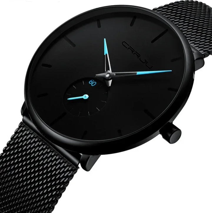 Black CRRJU wristwatch with minimalist dial, blue-accented hands, and black mesh strap