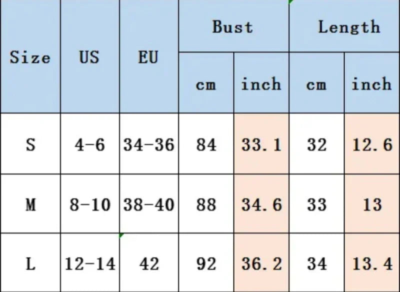 Size chart showing US, EU sizes with bust and length measurements in cm and inches for small, medium, and large.