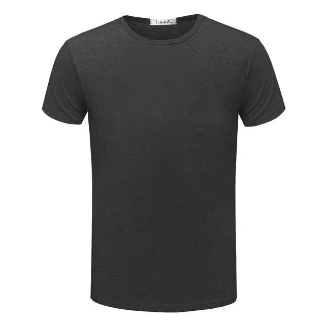 simple dark gray crew neck short sleeve men's t-shirt on white background