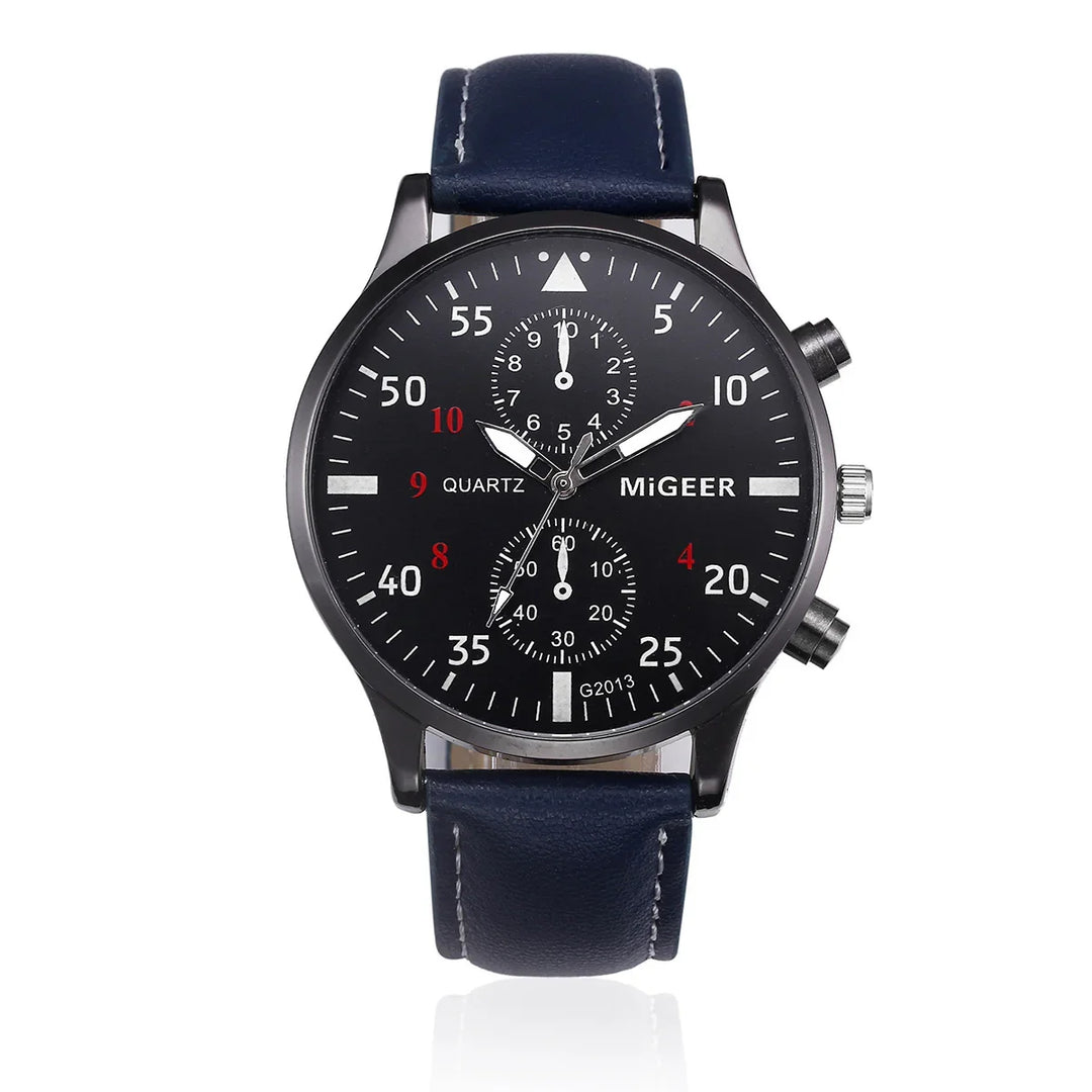 MiGEER black dial quartz wristwatch with blue leather strap and white stitching
