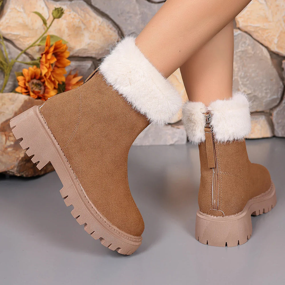 Brown suede winter ankle boots with white faux fur cuffs and chunky beige soles