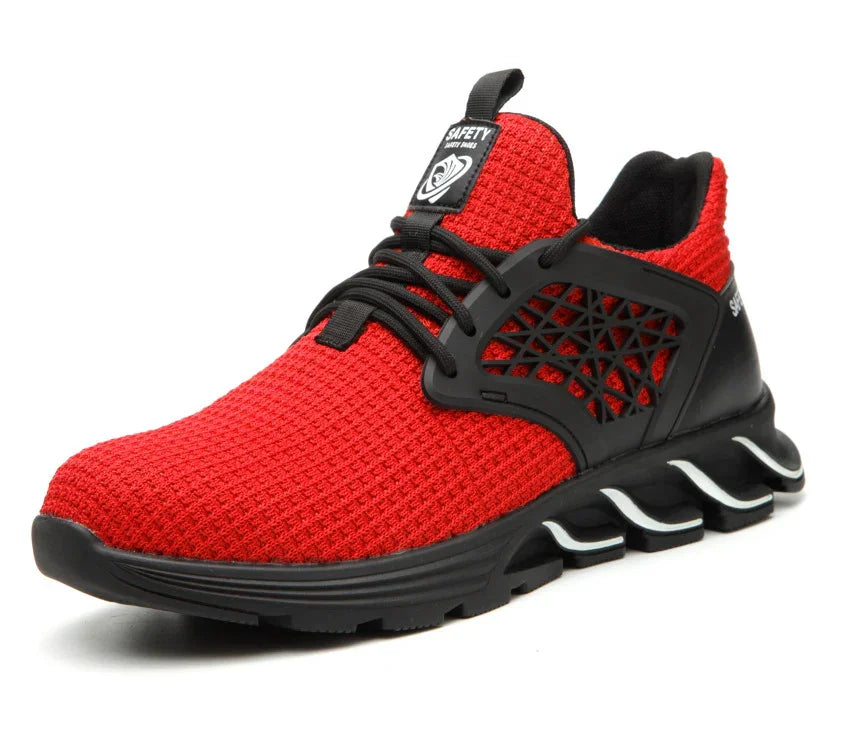red mesh safety shoe with black sole, black laces, and protective side cage for work environments