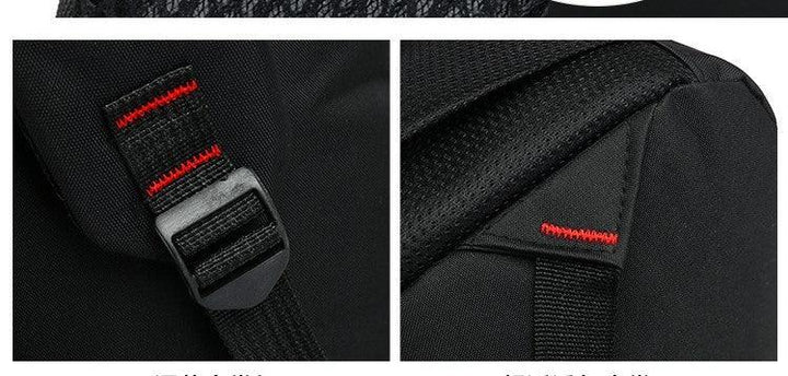 Close-up of black backpack strap with red stitching and padded shoulder support details