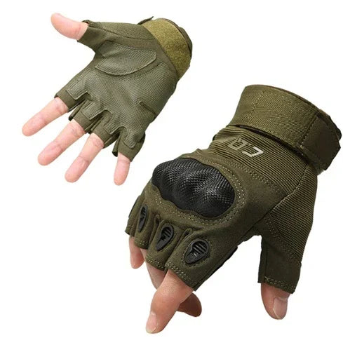 Olive green tactical fingerless gloves with knuckle protection and adjustable wrist strap