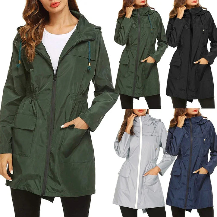 Women wearing lightweight hooded rain jackets in green, black, gray, and navy with front zipper and pockets