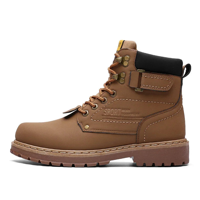 Brown leather work boot with black padded collar, lace-up front, and rugged rubber sole