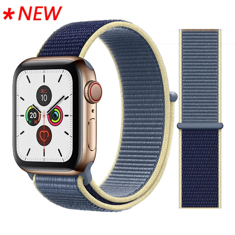 New blue and beige nylon loop band compatible with Apple Watch, featuring gold aluminum case