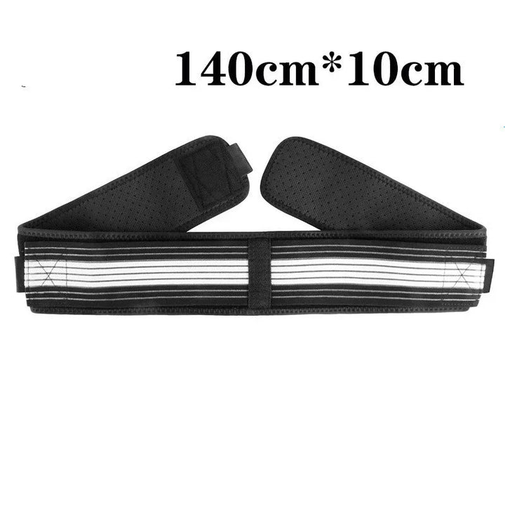 Black adjustable back support belt with velcro, 140cm x 10cm, isolated on white background