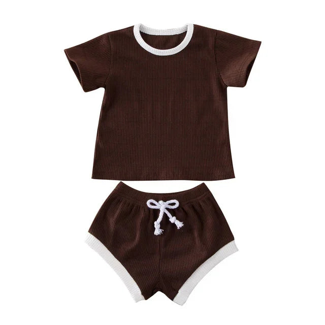 brown ribbed short sleeve t-shirt and matching shorts with white trim and drawstring set