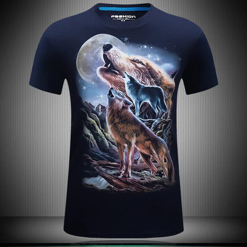 Black t-shirt with a graphic of three howling wolves under a full moon and starry night