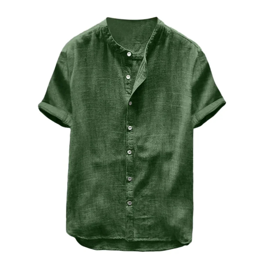 Men's casual short sleeve green linen shirt with round neck and button-down front