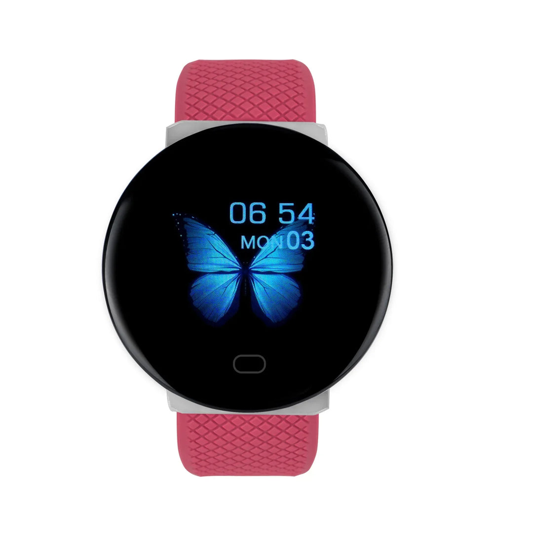 Round smartwatch with vibrant blue butterfly on screen and textured pink silicone band