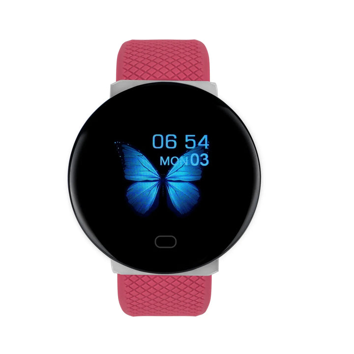 Round smartwatch with vibrant blue butterfly on screen and textured pink silicone band