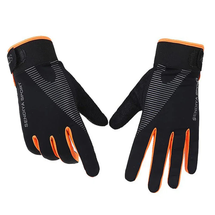 Black and orange Sendiya Sport gloves with reflective stripes on white background