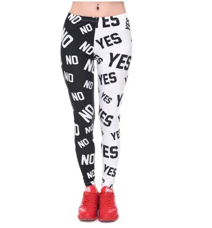Leggings with black and white halves printed with repeated 'NO' and 'YES' text, paired with red sneakers