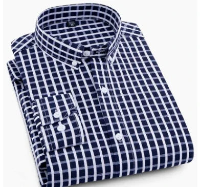 Folded navy blue and white checkered button-up shirt with long sleeves and collar