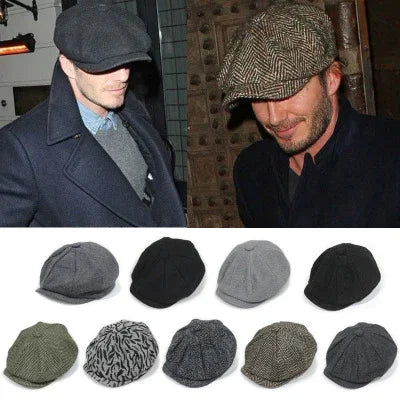 Two men wearing different styles of flat caps in dark coats; below, a collection of ten flat caps in various colors and patterns