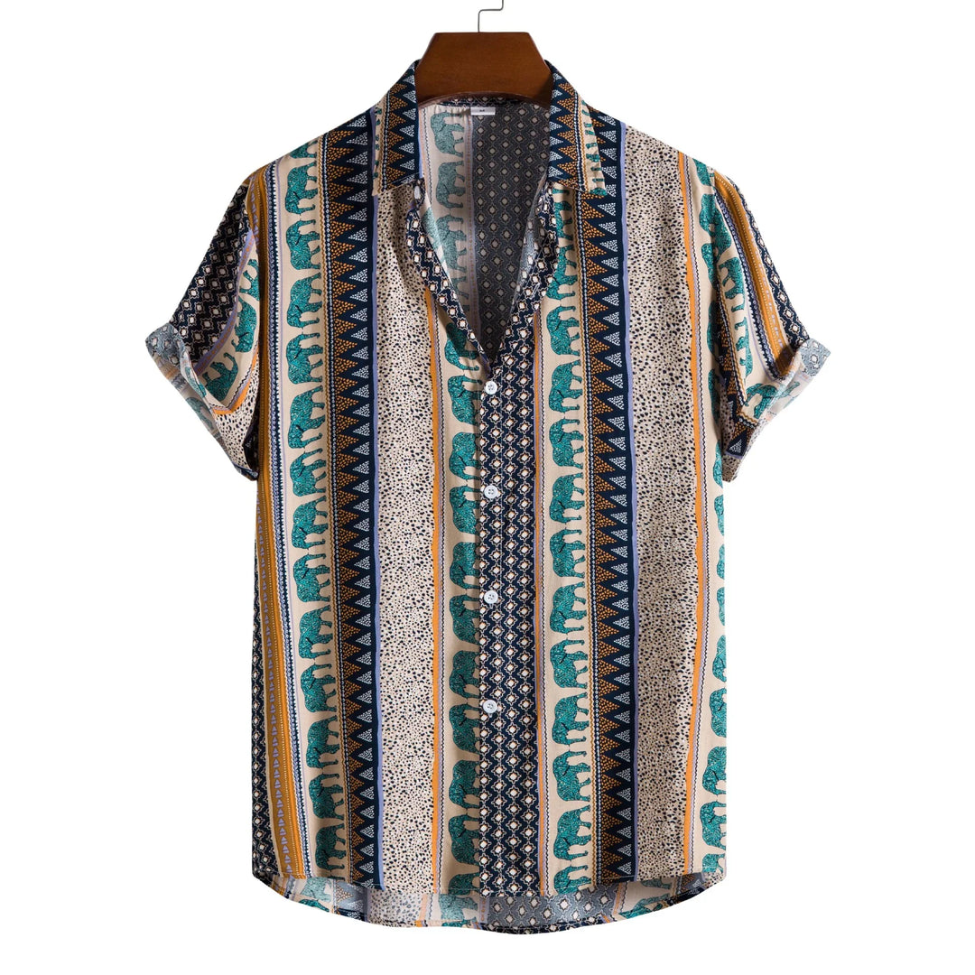 Short sleeve button-up shirt with teal elephant and geometric stripe print on white background