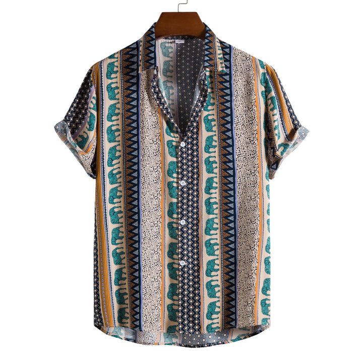 Short sleeve button-up shirt with teal elephant and geometric stripe print on white background