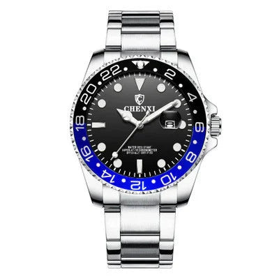 CHENXI men's stainless steel wristwatch with black and blue bezel, black dial, and date display