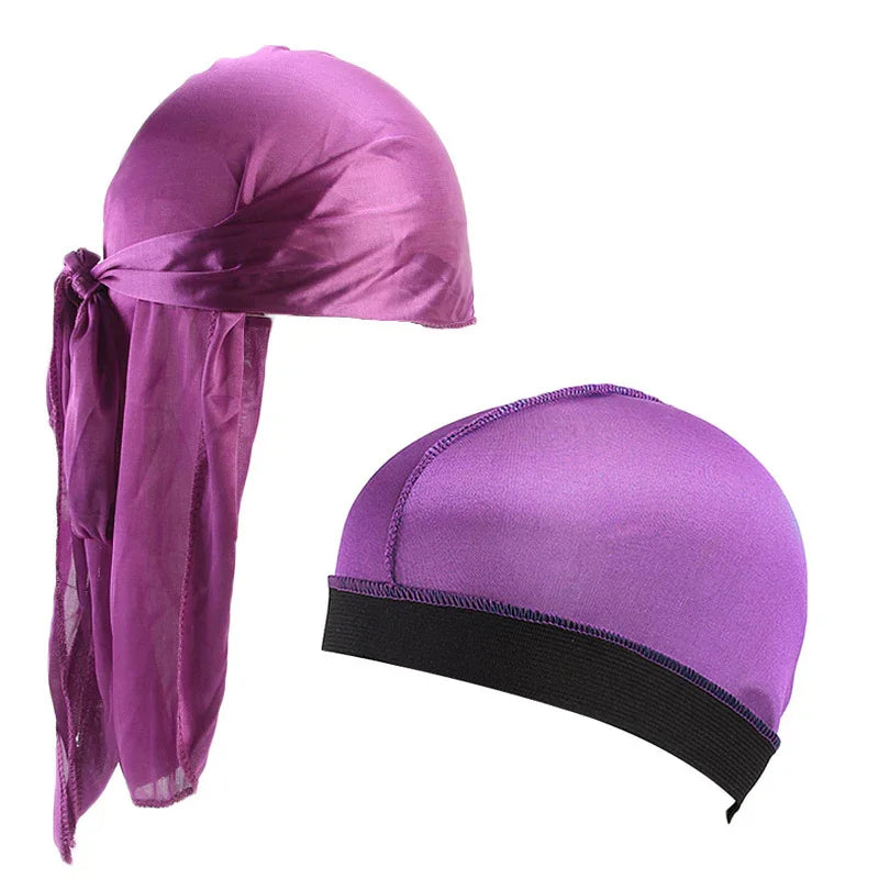 Purple satin durag with tied back and matching fitted durag cap with black elastic band