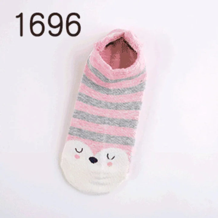 Pink and gray striped cozy ankle sock with a cute sleeping bear face design