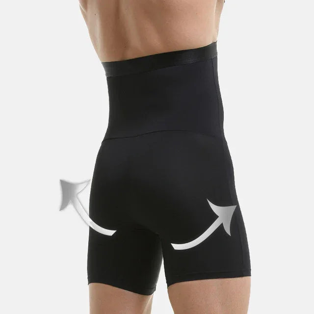 male model wearing black high-waisted compression shaping shorts with arrows indicating lift and support