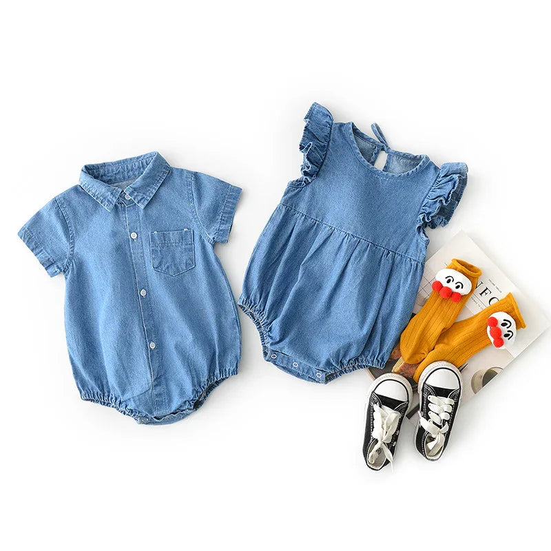 Two blue denim baby rompers with short sleeves, paired with yellow cartoon socks and black toddler sneakers