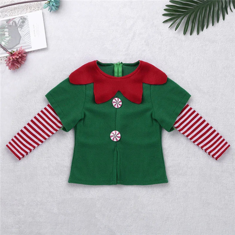 Green and red Christmas elf costume top with peppermint buttons and striped sleeves on white background