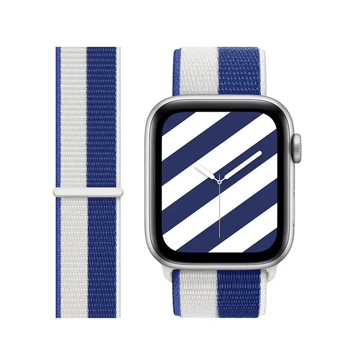 Smartwatch with silver casing and blue-white striped nylon band with matching blue and white diagonal striped watch face