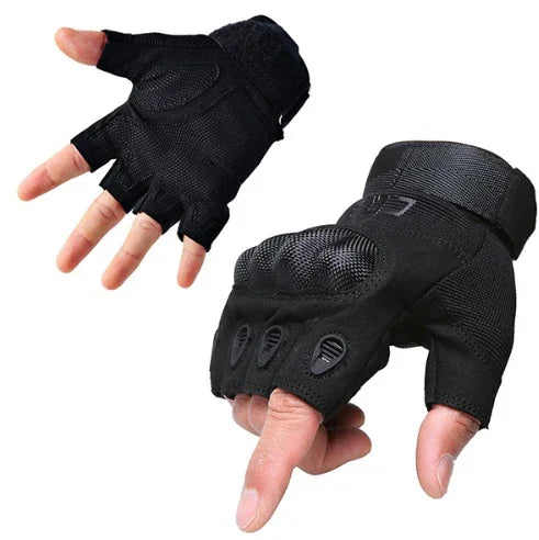 Black fingerless tactical gloves with knuckle protection and breathable mesh fabric