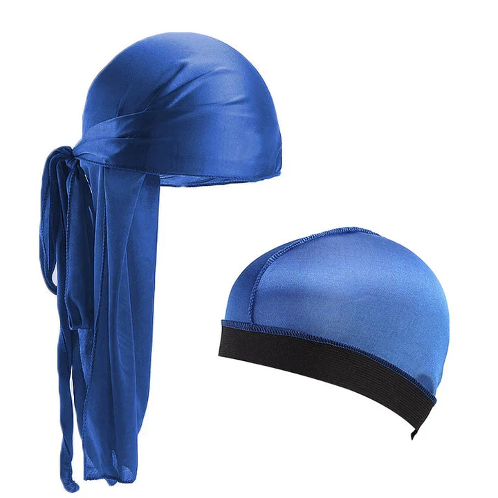 Blue satin durag with long tail and adjustable elastic cap for hair protection and styling